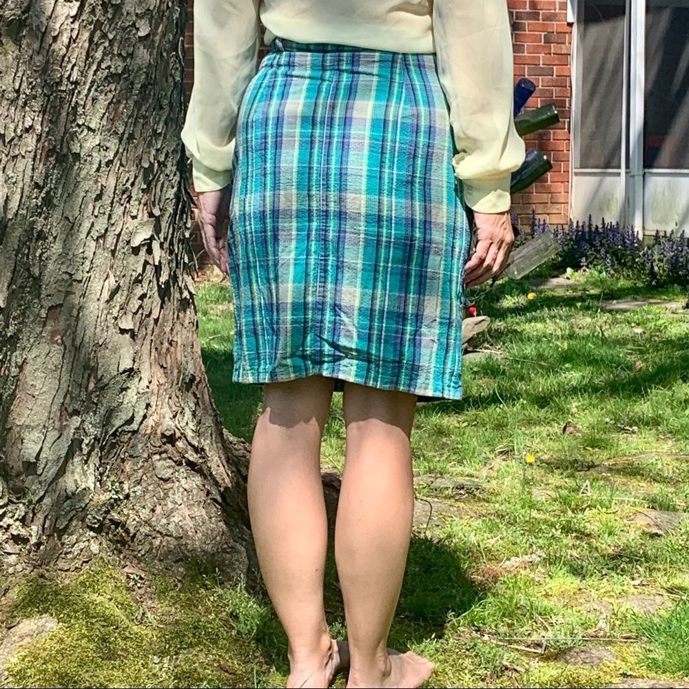 Vtg 80s blue/green plaid madras cloth skirt - Picture 2 of 8